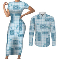Hawaiian Quilt Tapa On Cold Blue Palaka Motifs Couples Matching Short Sleeve Bodycon Dress and Long Sleeve Button Shirt