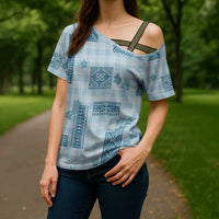 Hawaiian Quilt Tapa On Cold Blue Palaka Motifs Cross Shoulder Shirt