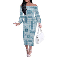 Hawaiian Quilt Tapa On Cold Blue Palaka Motifs Family Matching Off The Shoulder Long Sleeve Dress and Hawaiian Shirt LT7 Mom's Dress Azure - Polynesian Pride