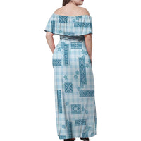 Hawaiian Quilt Tapa On Cold Blue Palaka Motifs Family Matching Off Shoulder Maxi Dress and Hawaiian Shirt LT7 - Polynesian Pride