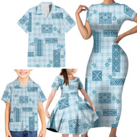 Hawaiian Quilt Tapa On Cold Blue Palaka Motifs Family Matching Short Sleeve Bodycon Dress and Hawaiian Shirt LT7 - Polynesian Pride