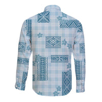 Hawaiian Quilt Tapa On Cold Blue Palaka Motifs Long Sleeve Button Shirt