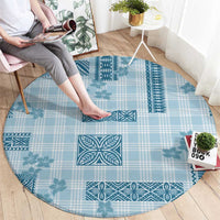 Hawaiian Quilt Tapa On Cold Blue Palaka Motifs Round Carpet
