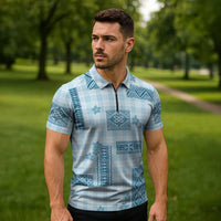 Hawaiian Quilt Tapa On Cold Blue Palaka Motifs Zipper Polo Shirt