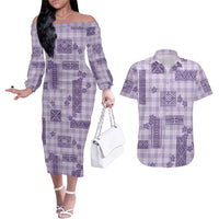 Hawaiian Quilt Tapa On Lilac Palaka Motifs Couples Matching Off The Shoulder Long Sleeve Dress and Hawaiian Shirt LT7 Lilac - Polynesian Pride