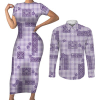 Hawaiian Quilt Tapa On Lilac Palaka Motifs Couples Matching Short Sleeve Bodycon Dress and Long Sleeve Button Shirt LT7 Lilac - Polynesian Pride