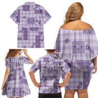 Hawaiian Quilt Tapa On Lilac Palaka Motifs Family Matching Off Shoulder Short Dress and Hawaiian Shirt LT7 - Polynesian Pride