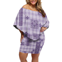 Hawaiian Quilt Tapa On Lilac Palaka Motifs Family Matching Off Shoulder Short Dress and Hawaiian Shirt LT7 Mom's Dress Lilac - Polynesian Pride