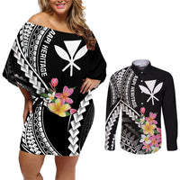 AAPI Heritage Month Couples Matching Off Shoulder Short Dress and Long Sleeve Button Shirt Kanaka Hawaii Plumeria LT7 Black - Polynesian Pride