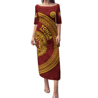 Tonga High School Puletasi THS Anniversary Ngatu Motif LT7 Long Dress Maroon - Polynesian Pride
