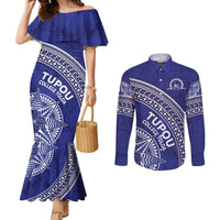 Tupou College Toloa Couples Matching Mermaid Dress and Long Sleeve Button Shirt Ngatu Tapa Mix Style LT7 Blue - Polynesian Pride