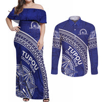 Tupou College Toloa Couples Matching Off Shoulder Maxi Dress and Long Sleeve Button Shirt Ngatu Tapa Mix Style