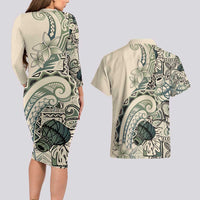 Aloha Hawaii Tapa Couples Matching Long Sleeve Bodycon Dress and Hawaiian Shirt Summer Green Hawaiian Ipu LT7 - Polynesian Pride