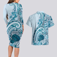 Aloha Hawaii Tapa Couples Matching Long Sleeve Bodycon Dress and Hawaiian Shirt Cool Turquoise Hawaiian Ipu LT7 - Polynesian Pride