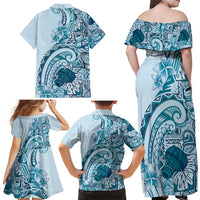 Aloha Hawaii Tapa Family Matching Off Shoulder Maxi Dress and Hawaiian Shirt Cool Turquoise Hawaiian Ipu - Polynesian Pride