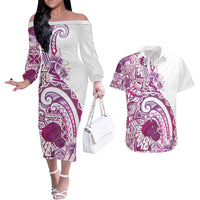 Aloha Hawaii Tapa Couples Matching Off The Shoulder Long Sleeve Dress and Hawaiian Shirt Vibrant Fuchsia Hawaiian Ipu - Polynesian Pride