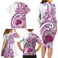 Aloha Hawaii Tapa Family Matching Long Sleeve Bodycon Dress and Hawaiian Shirt Vibrant Fuchsia Hawaiian Ipu - Polynesian Pride