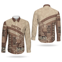 Samoa Mamanu Siapo Mocha Couples Matching Off Shoulder Short Dress and Long Sleeve Button Shirt Tatau Malie