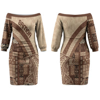 Samoa Mamanu Siapo Mocha Couples Matching Off The Shoulder Long Sleeve Dress and Long Sleeve Button Shirt Tatau Malie