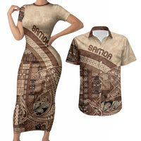 Samoa Mamanu Siapo Mocha Couples Matching Short Sleeve Bodycon Dress and Hawaiian Shirt Tatau Malie