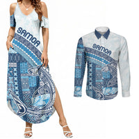 Samoa Mamanu Siapo Royal Blue Couples Matching Summer Maxi Dress and Long Sleeve Button Shirt Tatau Malie