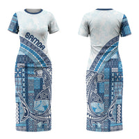 Samoa Mamanu Siapo Royal Blue Family Matching Short Sleeve Bodycon Dress and Hawaiian Shirt Tatau Malie