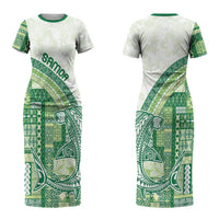 Samoa Mamanu Siapo Forest Green Couples Matching Short Sleeve Bodycon Dress and Long Sleeve Button Shirt Tatau Malie