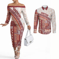 Samoa Mamanu Siapo Crimson Couples Matching Off The Shoulder Long Sleeve Dress and Long Sleeve Button Shirt Tatau Malie
