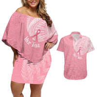 Personalised New Zealand Couples Matching Off Shoulder Short Dress and Hawaiian Shirt Pink Ribbon Tattoo Mix Silver Fern LT7 Pink - Polynesian Pride