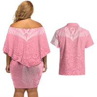 Personalised New Zealand Couples Matching Off Shoulder Short Dress and Hawaiian Shirt Pink Ribbon Tattoo Mix Silver Fern LT7 - Polynesian Pride