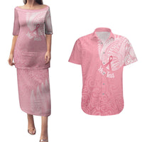 Personalised New Zealand Couples Matching Puletasi Dress and Hawaiian Shirt Pink Ribbon Tattoo Mix Silver Fern LT7 Pink - Polynesian Pride