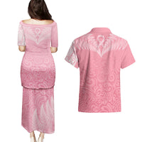 Personalised New Zealand Couples Matching Puletasi Dress and Hawaiian Shirt Pink Ribbon Tattoo Mix Silver Fern LT7 - Polynesian Pride