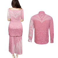 Personalised New Zealand Couples Matching Puletasi Dress and Long Sleeve Button Shirts Pink Ribbon Tattoo Mix Silver Fern LT7 - Polynesian Pride