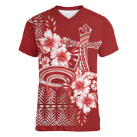 Tonga Ngatu Kupesi Royal Red Women V-Neck T-Shirt Koe Otua Mo Tonga Ko Hoku Tofia