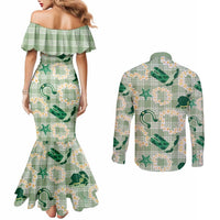 Aloha Hawaii Paniolo Mint Palaka Couples Matching Mermaid Dress and Long Sleeve Button Shirt Coastal Rodeo - Polynesian Pride