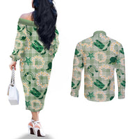 Aloha Hawaii Paniolo Mint Palaka Couples Matching Off The Shoulder Long Sleeve Dress and Long Sleeve Button Shirt Coastal Rodeo - Polynesian Pride