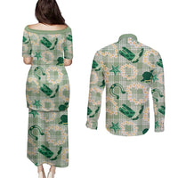 Aloha Hawaii Paniolo Mint Palaka Couples Matching Puletasi and Long Sleeve Button Shirt Coastal Rodeo - Polynesian Pride