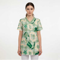 Aloha Hawaii Paniolo Mint Palaka Scrub Top Coastal Rodeo - Polynesian Pride