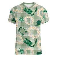 Aloha Hawaii Paniolo Mint Palaka Women V-Neck T-Shirt Coastal Rodeo - Polynesian Pride