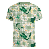 Aloha Hawaii Paniolo Mint Palaka Women V-Neck T-Shirt Coastal Rodeo - Polynesian Pride