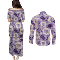 Aloha Hawaii Paniolo Lavender Palaka Couples Matching Puletasi and Long Sleeve Button Shirt Coastal Rodeo - Polynesian Pride