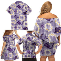Aloha Hawaii Paniolo Lavender Palaka Family Matching Off Shoulder Short Dress and Hawaiian Shirt Coastal Rodeo - Polynesian Pride