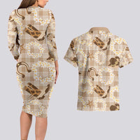 Aloha Hawaii Paniolo Khaki Palaka Couples Matching Long Sleeve Bodycon Dress and Hawaiian Shirt Coastal Rodeo LT7 - Polynesian Pride