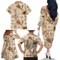 Aloha Hawaii Paniolo Khaki Palaka Family Matching Off The Shoulder Long Sleeve Dress and Hawaiian Shirt Coastal Rodeo - Polynesian Pride