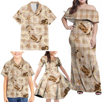 Aloha Hawaii Paniolo Khaki Palaka Family Matching Off Shoulder Maxi Dress and Hawaiian Shirt Coastal Rodeo - Polynesian Pride