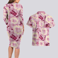 Aloha Hawaii Paniolo Lokelani Rose Palaka Couples Matching Long Sleeve Bodycon Dress and Hawaiian Shirt Coastal Rodeo LT7 - Polynesian Pride