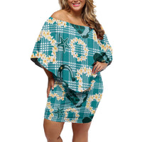Aloha Hawaii Paniolo Teal Palaka Family Matching Off Shoulder Short Dress and Hawaiian Shirt Coastal Rodeo - Polynesian Pride