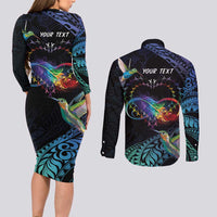 Polynesian Cancers Awareness Couples Matching Long Sleeve Bodycon Dress and Long Sleeve Button Shirt Hummingbird - Fly High Until We Meet Again