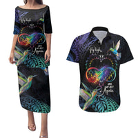 Polynesian Cancers Awareness Couples Matching Puletasi and Hawaiian Shirt Hummingbird - Fly High Until We Meet Again