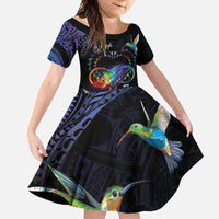 Polynesian Cancers Awareness Family Matching Short Sleeve Bodycon Dress and Hawaiian Shirt Hummingbird - Fly High Until We Meet Again LT7 Daughter's Dress Colorful - Polynesian Pride